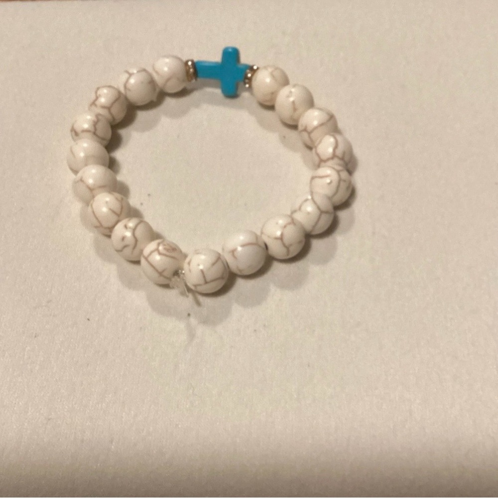 White Beaded Bracelet with Turquoise Cross